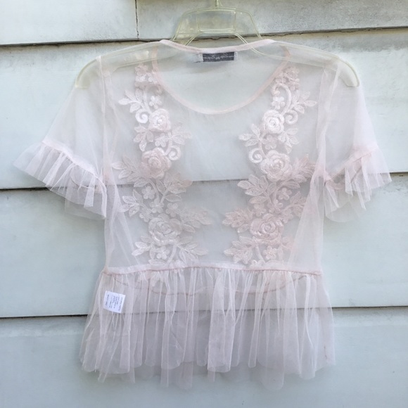 Sheer pink Lucy Wang mesh top with satin & pearls - Picture 5 of 6